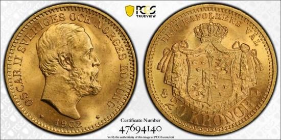 スウェーデン20クローネ金貨 オスカル2世 1902年EB MS65/未使用 スウェーデン20クローネ金貨 オスカル2世 1902年EB MS65/未使用