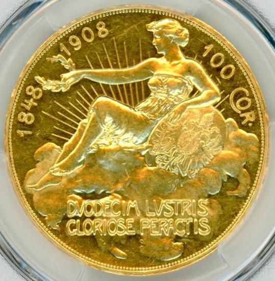 雲上の女神 オーストリア100コロナ金貨 1908年 MS61/未使用－ 送料込