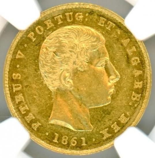 ポルトガル5000レイス金貨 ペドロ5世 1861年 AU58/極美品 送料込