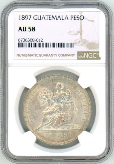 美品　NGC-AU58 1898　グァテマラ 1898 左向き女神座像 銀貨 美品 NGC-AU58 1898 グァテマラ 1898 左向き女神座像 銀貨