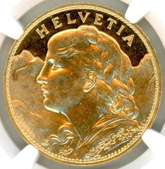 スイス100フラン金貨 アルプスと少女 1925年B MS63PL/未使用