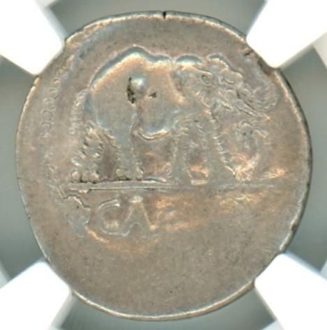 ユリウス・カエサル 古代ローマデナリウス銀貨 蛇を踏む象と神官の斧