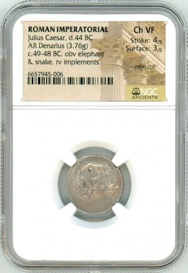 ユリウス・カエサル 古代ローマデナリウス銀貨 蛇を踏む象と神官の斧