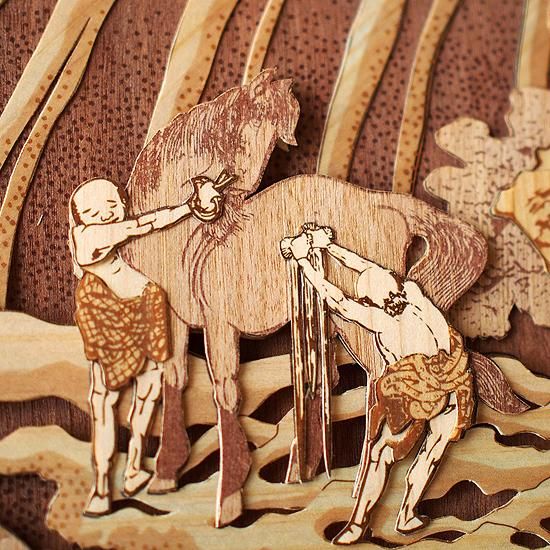 木はり絵アート「和州吉野義経馬洗滝」 （額縁入り完成品）- 木製切り