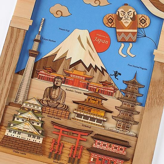 木はり絵アート「日本」 (額縁入り完成品)- 木製切り絵アート 木はり絵アート「日本」 (額縁入り完成品)- 木製切り絵アート