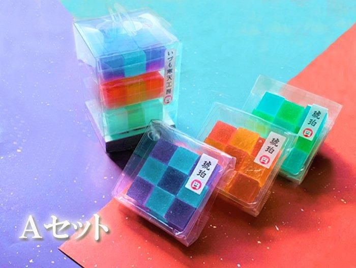 琥珀3個 Aセット（藤 空、茜 橙、空 翠） - いづも寒天工房