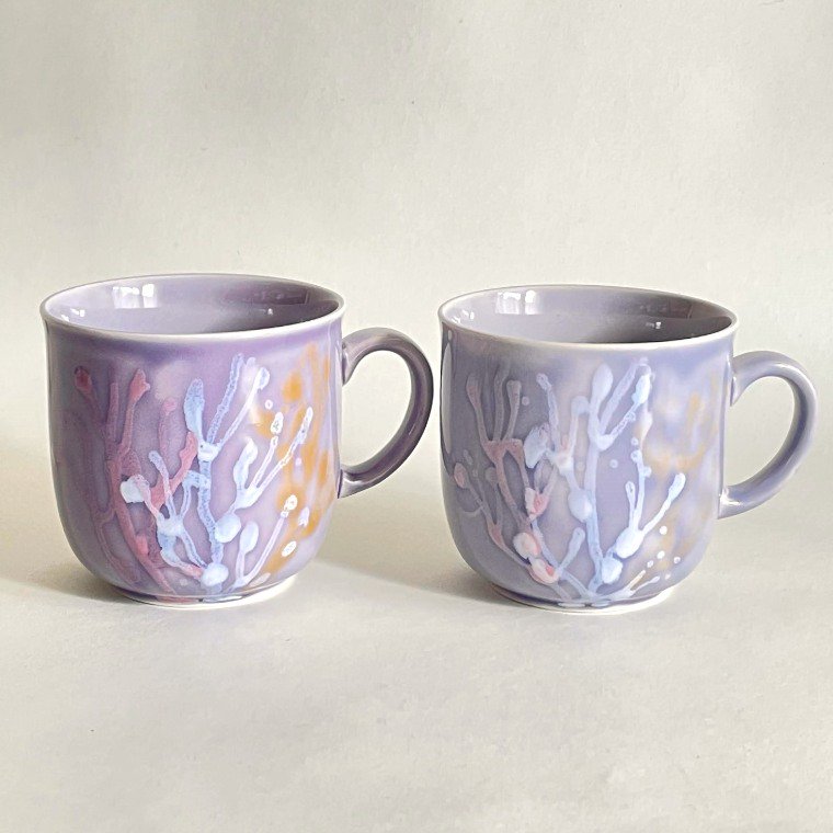 やちむん 珊瑚コーヒーカップ2ケセット 薄紫色 Coral Flower Cup ギフトボックス＆紙袋付き