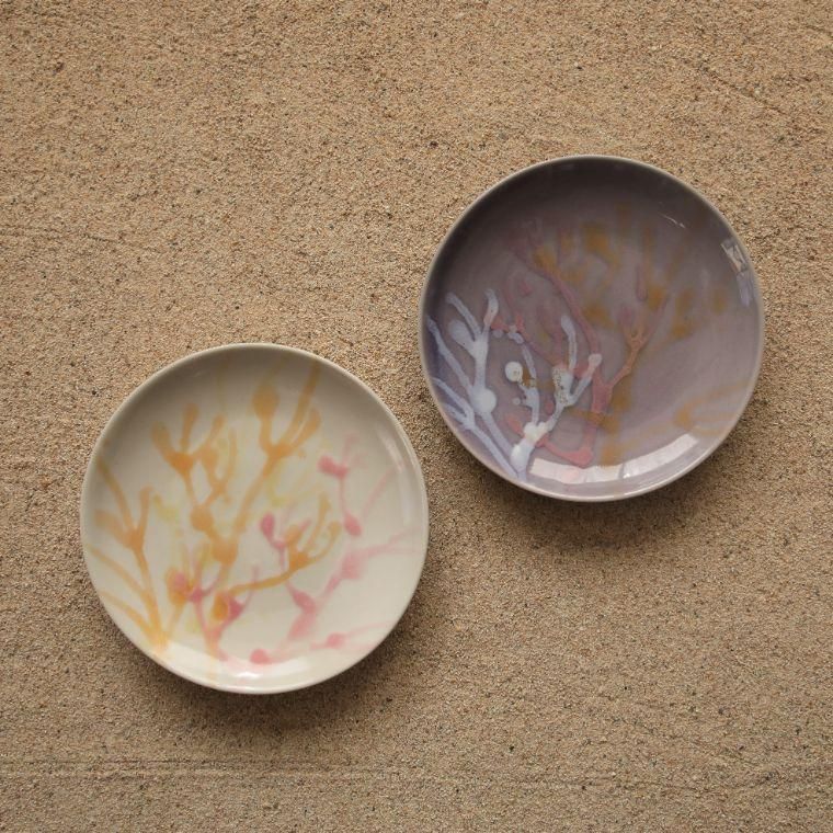 沖縄の陶器ヤチムン　縁起の珊瑚プレート4点セット　島陶芸工房　祝いの食器　一点物 沖縄の珊瑚プレート 出産祝い お食い初めの食器 2枚セット 4寸皿 白色