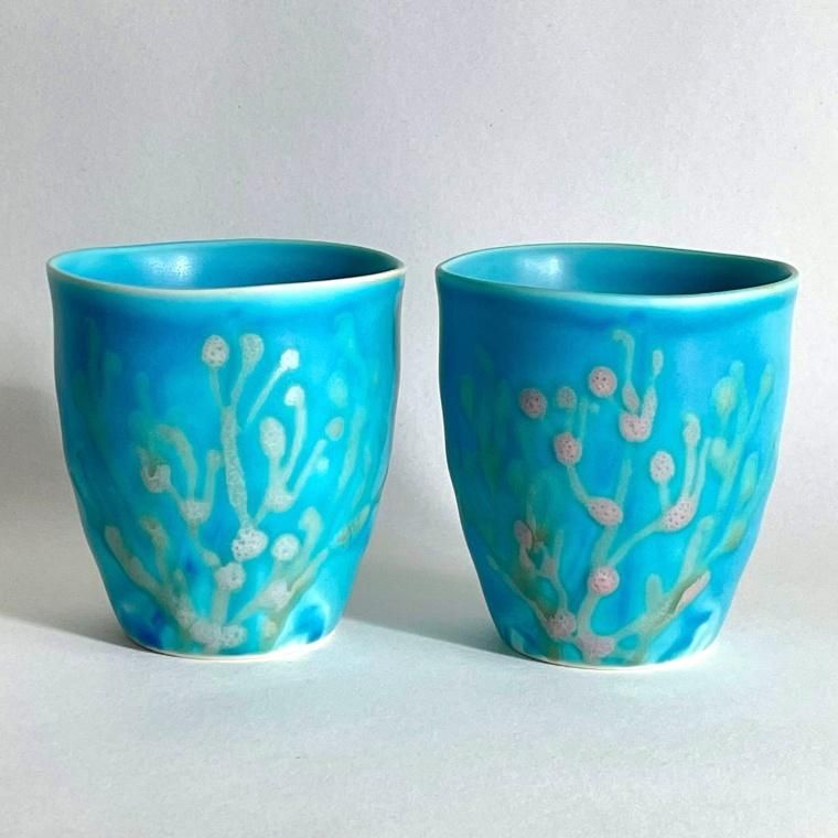 高級ぐい呑み、タンブラー★セット価格★カラー→水色★新品未使用、送料無料★ 沖縄のタンブラー おしゃれ 珊瑚のカップ 2ヶセット ペア スカイブルー