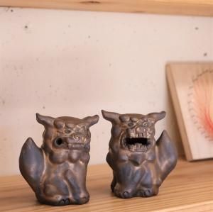 木彫り シーサー置物 セット シーサー 置物 おきもの 大立 高さ20cm ゴス 琉球焼 朝日陶器