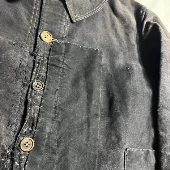 【レア】20s〜30s ブラックモールスキン　Vヘム　紙ボタン　フレンチ レア】20s〜30s ブラックモールスキン Vヘム 紙ボタン フレンチ