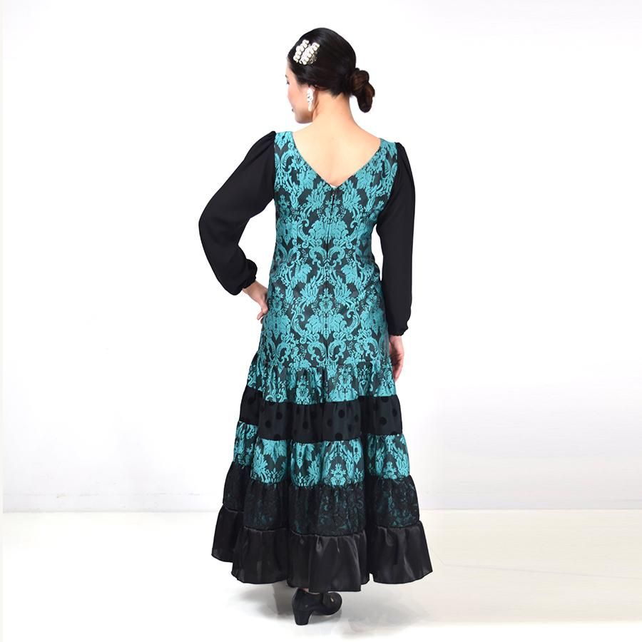 フラメンコ衣装ワンピースハンドメイド　グリーン×ネイビー　美品 ROP-74-2】グリーン海シリーズワンピース - フラメンコドレス