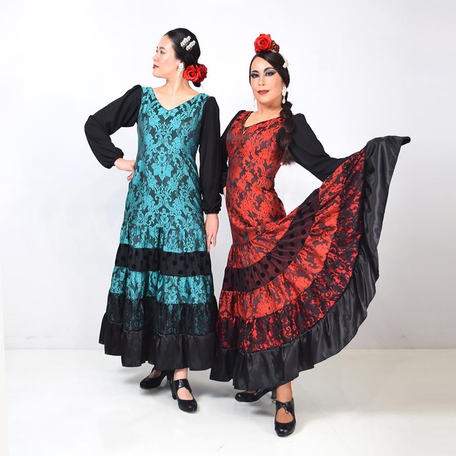 フラメンコ衣装　ワンピース　グリーン フラメンコ衣装 シージョ付きワンピース 3Lサイズ E387