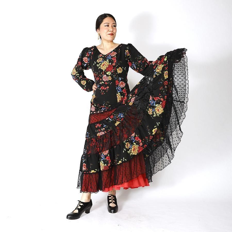 【フラメンコ衣装】ブラック×花柄 primaboutique ワンピース ドレス フラメンコ衣装】ブラック prima boutique ワンピース ドレス 黒