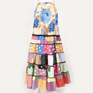 フラメンコ 花柄 ロングスカート フラメンコ フリル ロングサーキュラースカート 花柄 ブルー S-Lサイズ