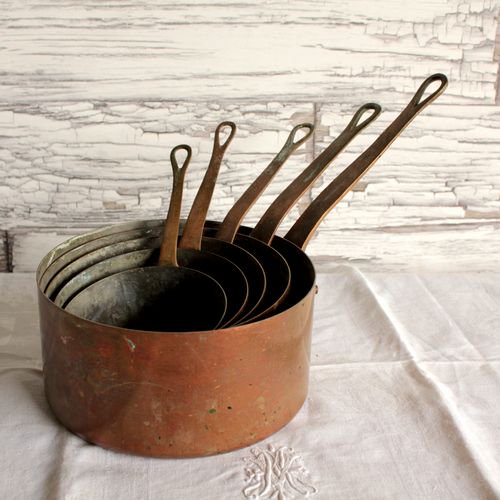 フランスアンティーク 真鍮の取っ手の銅鍋5個セット 片手鍋-ブロカント