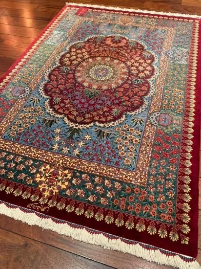 ペルシャ絨毯　ナイン産 9L96×64cm 花のアラベスク　アイボリー　玄関マットサイズ