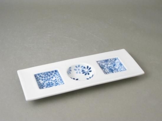 有田焼 染付○□三品盛 日本製 盛皿 小皿 たれ皿 前菜皿 菓子皿