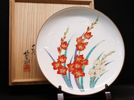 古伊万里 柿右衛門手 濁手 染錦草花鳳凰文皿 古い 修理 倹：深川、香蘭 