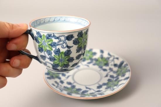有田焼 鉄仙花コーヒー碗皿（緑） - 有田焼 八右衛門窯 大慶