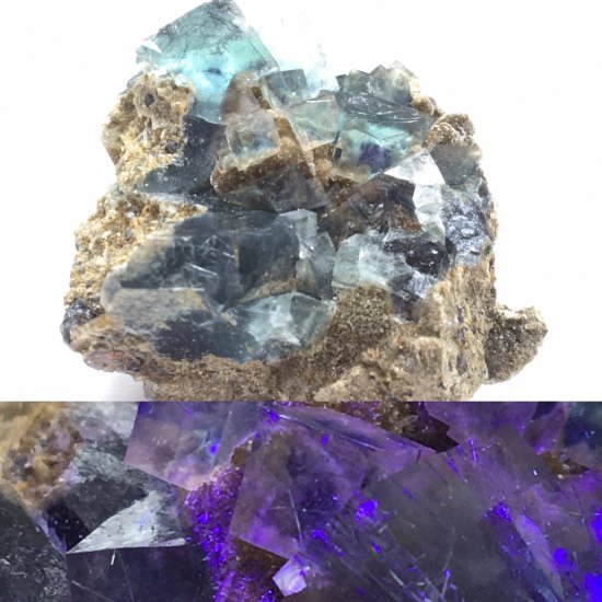 内モンゴル自治区産【発光性フローライトＩＮ輝蒼鉛鉱２】fluorite