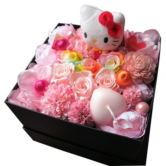 キティ入り 花 プリザーブドフラワー入りフラワーギフト 箱を開けるとサプライズ レインボーローズ入り 箱一面お花がいっぱい