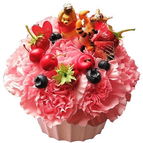 プーさん ティガー入り 花 フルーツいっぱいのケーキのフラワーアレンジメント 生花使用
