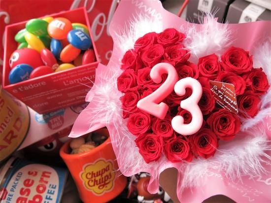 数字入り ハート 花束風 プリザーブドフラワー 赤バラ ケース付き ご