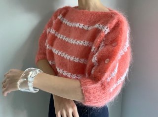 80s Coral Stripe Puff Sleeve Mohair Knit Sweater