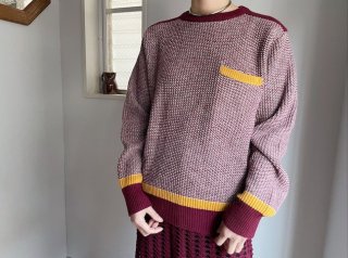 70s- Burgundy Yellow Collage Style Design Knit Sweater