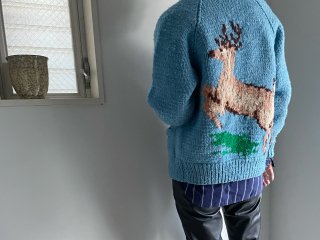 60s- Light Blue Deer Cowichan Knit Cardigan