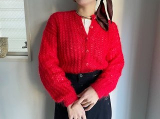 80s- Red Mohair Handknit Cardigan