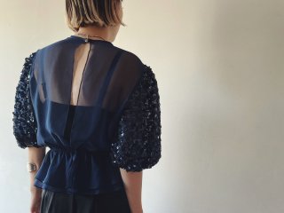 70s- Navy Sequins Sleeve Open Back Sheer Blouse