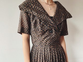 60s Brown Plaid Shawl Collar Dress