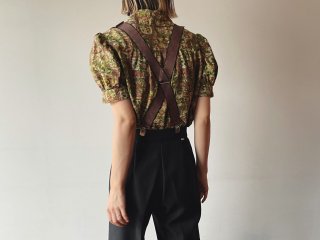 60s- Brown Abstract Puff Sleeve Blouse