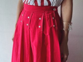 60s Pink Red Buttons Design Cotton Skirt