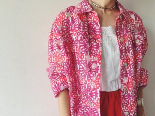 Pink Floral Dot Pattern Sheer Shirt