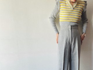70s- Gray Yellow Stripe Rib Knit Top