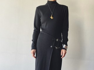 80s- Black Belted Design Knit Dress