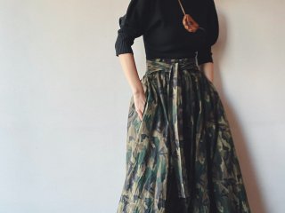 Khaki Camo Tied Waist Cotton Skirt
