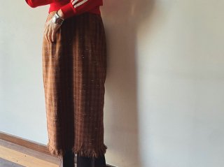 80s- Brown Plaid Fringe Long Skirt