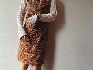 90s- Brown Faux Crocodile Leather Sleeveless Dress