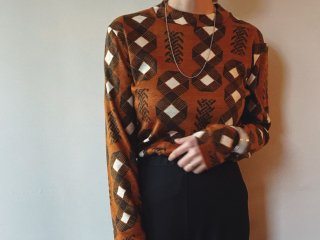 70s Ochre Brown Abstract Pattern Top