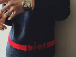 80s- Christian Dior Navy Red Lined Knit Sweater