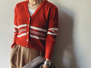70s- Terracotta Lined Rib Knit Cardigan