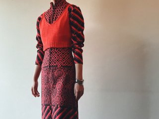 70s Vermilion Black Abstract Front Zip Dress