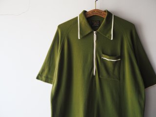 60s- Green Half Zip Short Sleeve Knit Top
