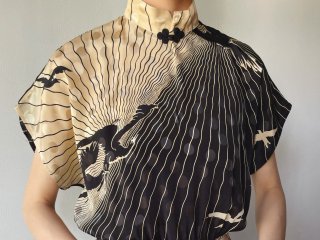 70s- Black Beige Bird Pattern Dress