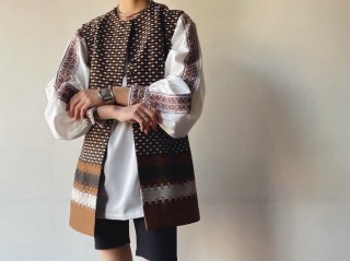 70s- White Brown Traditional Embroidery Tunic