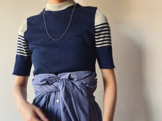 70s Navy Ice Blue Stripe Rib Knit Short Sleeve Top